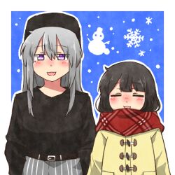 2girls :d belt belt_buckle black_belt black_hair black_hat black_shirt blush brown_coat buckle coat enpera fur_hat grey_hair grey_pants hair_between_eyes hat higuchi_kaede higuchi_kaede_(6th_costume) long_hair lowres multiple_girls nijisanji open_mouth outline pants plaid_clothes plaid_scarf purple_eyes rebecca_(keinelove) red_scarf scarf shirt smile snowflakes snowman striped_clothes striped_pants tsukino_mito tsukino_mito_(6th_costume) vertical-striped_clothes vertical-striped_pants virtual_youtuber white_outline