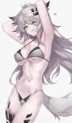 1girl alternate_costume animal_ears arknights armpits arms_behind_head arms_up bikini breasts cleavage collarbone commentary cowboy_shot grey_background grey_bikini grey_eyes grey_hair grey_tail hair_between_eyes hair_ornament hairclip heart highres lappland_(arknights) long_hair looking_at_viewer material_growth medium_breasts navel oripathy_lesion_(arknights) scar scar_across_eye scar_on_face sicsic49 simple_background smirk solo standing swimsuit tail wolf_ears wolf_girl wolf_tail