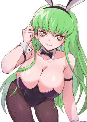 Rule 34 | 1girl, adjusting hair, animal ears, animal hairband, bent over, black leotard, breasts, c.c., cleavage, closed mouth, code geass, collarbone, commentary request, eyelashes, fake animal ears, fishnet pantyhose, fishnets, green hair, hair between eyes, highleg, highleg leotard, konokami harai, large breasts, leotard, light blush, long hair, looking at viewer, pantyhose, playboy bunny, rabbit ears, smile, solo, standing, very long hair, white background, wrist cuffs, yellow eyes