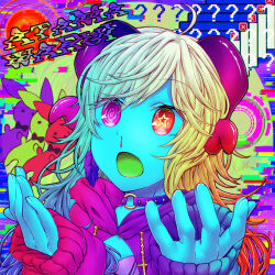 Rule 34 | 1girl, ?, @ @, ahoge, album cover, blonde hair, blood, blue skin, choker, colored skin, colorful, cover, earrings, eyelashes, feather earrings, feathers, glitch, gradient hair, hardcore tano c, heterochromia, highres, jewelry, laur, long hair, multicolored hair, nosebleed, open mouth, rapunzelholic, romaji text, sleeves past wrists, solo, song name, star (symbol), star in eye, stuffed animal, stuffed rabbit, stuffed toy, surreal, symbol in eye, window (computing)