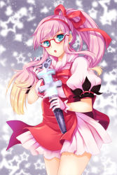 Rule 34 | 1girl, artist request, blonde hair, blue eyes, blush, earrings, glasses, gloves, gradient hair, hair ribbon, high ponytail, holding, jewelry, long hair, lowres, maron, maron (sword girls), multicolored hair, open mouth, pink hair, pleated skirt, red-framed eyewear, ribbon, skirt, solo, sword girls