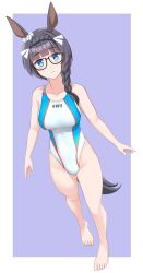 1girl absurdres animal_ears barefoot black_hair blue_eyes blunt_bangs border braid commentary_request competition_swimsuit crown_braid ear_ornament ear_scrunchie glasses grey_background hair_over_shoulder highleg highleg_one-piece_swimsuit highres horse_ears horse_girl horse_tail long_hair looking_at_viewer multicolored_clothes multicolored_swimsuit one-piece_swimsuit outside_border parted_lips single_braid solo standing swimsuit tail takafumi umamusume variant_set white_border white_one-piece_swimsuit zenno_rob_roy_(umamusume)