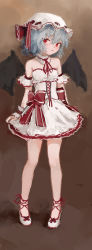 Rule 34 | 1girl, :o, absurdres, alternate costume, ankle lace-up, arms at sides, bare shoulders, bat wings, black wings, blue hair, bow, brown background, cross-laced clothes, cross-laced footwear, detached collar, detached sleeves, dress, dress bow, flats, frilled dress, frills, full body, hair between eyes, hat, hat ribbon, highres, legs apart, light blue hair, looking at viewer, looking to the side, mob cap, neck ribbon, no lineart, parted lips, red bow, red eyes, red ribbon, reddizen, remilia scarlet, ribbon, shoes, short dress, short hair, short sleeves, simple background, solo, standing, strapless, strapless dress, touhou, wavy hair, white dress, white footwear, white hat, wings, wrist cuffs