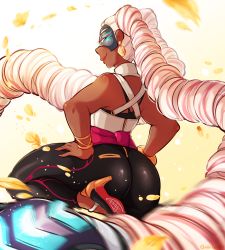 Rule 34 | 1girl, arms (game), ass, bare shoulders, blonde hair, breasts, chikkibug, commentary, dark skin, dark-skinned female, earrings, green eyes, high heel sneakers, high heels, highres, jewelry, leg lift, lips, long hair, mask, nail polish, pants, solo, thick thighs, thighs, twintelle (arms), very long hair