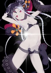 Rule 34 | 1girl, abigail williams (fate), abigail williams (swimsuit foreigner) (fate), abigail williams (swimsuit foreigner) (first ascension) (fate), armpits, arms up, bare shoulders, bikini, black background, black bikini, braid, breasts, cleavage, collarbone, colored skin, commentary request, fate/grand order, fate (series), hat, highres, keyhole, long hair, looking at viewer, midriff, navel, oxygen mask (oxygenmask233), parted lips, red eyes, sidelocks, simple background, small breasts, solo, sun hat, swimsuit, third eye, twin braids, twintails, white hair, white skin