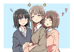 Rule 34 | 3girls, absurdres, annoyed, betock, black hair, black sweater, blue background, blue eyes, blush, brown hair, brown sweater, closed mouth, commentary request, flower (symbol), girl sandwich, heart, highres, hug, hug from behind, long hair, long sleeves, multiple girls, open mouth, original, pink sweater, sandwiched, shirt, shirt under sweater, short hair, smile, sweater, upper body, v-shaped eyebrows, white shirt, yuri