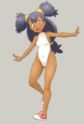Rule 34 | 1girl, bare shoulders, big hair, blush, breasts, brown eyes, covered erect nipples, creatures (company), dark-skinned female, dark skin, eyelashes, female focus, game freak, grey background, gym leader, hair ornament, halterneck, highres, iris (pokemon), long hair, nintendo, one-piece swimsuit, pokemon, pokemon bw, purple hair, simple background, small breasts, solo, swimsuit, tof, twintails, very long hair