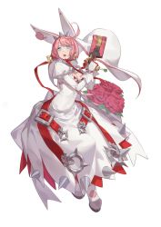 Rule 34 | 1girl, animal ears, belt buckle, blue eyes, breasts, bridal veil, buckle, cleavage, clover, dress, earrings, elphelt valentine, fake animal ears, flower, four-leaf clover, gloves, guilty gear, guilty gear xrd, gun, hairband, handgun, holding, holding weapon, jewelry, large breasts, open mouth, pink hair, rabbit ears, red cucumber, rose, short hair, simple background, solo, spiked hairband, spikes, veil, weapon, white background, white dress, white gloves, white headwear