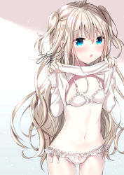 Rule 34 | 1girl, ahoge, blonde hair, blue eyes, blush, bow, bow bra, bow panties, bra, breasts, clothes lift, commentary request, cowboy shot, frilled bra, frilled panties, frills, groin, hair between eyes, lifting own clothes, long hair, long sleeves, looking at viewer, navel, original, panties, parted lips, shirt, shirt lift, signature, sleeves past wrists, small breasts, solo, tia-chan, two side up, uchuuneko, underwear, very long hair, white bra, white panties, white shirt