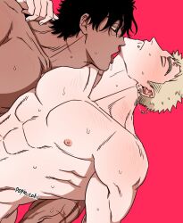 Rule 34 | 2boys, balnom, bara, blush, couple, dark-skinned male, dark skin, foreplay, head tilt, interracial, large pectorals, licking, licking another&#039;s neck, male focus, mature male, multiple boys, muscular, muscular male, nipples, original, pectorals, profile, short hair, sweat, thick eyebrows, veiny neck, very sweaty, yaoi