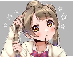 Rule 34 | 1girl, alternate hairstyle, blush, brown eyes, brown hair, fingernails, hair tie in mouth, highres, long hair, love live!, love live! school idol project, minami kotori, mouth hold, necktie, panda copt, portrait, sideways glance, solo, star (symbol), star in eye, symbol in eye, twintails, tying hair