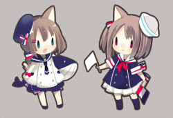 Rule 34 | 2girls, :d, animal ears, bare arms, beret, blue dress, blue headwear, blue neckerchief, blue sailor collar, blue socks, blush, brown background, brown hair, carrying, carrying under arm, cat ears, cat girl, cat tail, chibi, closed mouth, commentary request, dress, flag, green eyes, hair between eyes, hat, holding, holding flag, kneehighs, long hair, multiple girls, neckerchief, one side up, open mouth, original, pink neckerchief, red eyes, sailor collar, sailor dress, sailor hat, simple background, smile, socks, stuffed whale, tail, tilted headwear, white dress, white flag, white headwear, white sailor collar, yuzuyomogi