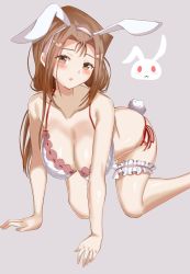 Rule 34 | 1girl, all fours, animal ears, breasts, brown eyes, brown hair, cleavage, highres, kawai shizuka, large breasts, long hair, looking at viewer, open mouth, rabbit ears, solo, yu-gi-oh!, yu-gi-oh! duel monsters