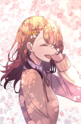 Rule 34 | 1girl, ^ ^, absurdres, arm at side, beige sweater, bow, braid, breasts, brown hair, brown ribbon, closed eyes, collared shirt, dappled sunlight, doraimon0312, eyelashes, facing viewer, floating hair, flower, hair behind ear, hair bow, hanasato minori, hand on own face, hand up, happy, highres, lace, lace-trimmed collar, lace trim, laughing, medium hair, more more jump! (project sekai), neck ribbon, open mouth, orange bow, petals, pink flower, profile, project sekai, ribbon, shirt, sideboob, simple background, small breasts, solo, spring (season), sunlight, sweater, swept bangs, teeth, two-tone bow, upper teeth only, white background, white bow, white shirt