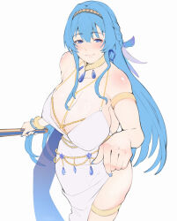 Rule 34 | 1girl, armlet, bare shoulders, blue eyes, blue hair, blue nails, blush, breasts, cleavage, closed mouth, cocktail dress, collarbone, dress, feather hair ornament, goddess of victory: nikke, hair between eyes, hair intakes, hair ornament, helm (chandelier) (nikke), helm (nikke), huge breasts, jewelry, john48625555mkii, long hair, nail polish, necklace, official alternate costume, reaching, reaching towards viewer, smile, solo, white dress