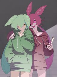 Rule 34 | 2girls, alternate color, black nails, closed mouth, collarbone, commentary request, cowboy shot, dango, dual persona, empty eyes, fangs, food, green hoodie, grey background, half-closed eyes, hand in pocket, hand on another&#039;s shoulder, highres, holding, holding food, hood, hood down, hoodie, long hair, long sleeves, looking at another, looking to the side, low ponytail, marutsubo, multiple girls, no pants, one eye covered, open mouth, pink eyes, purple hair, red hoodie, signature, smile, squeezing, voicevox, wagashi, yellow eyes, zundamon
