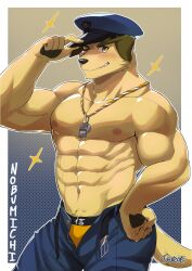 Rule 34 | 1boy, abs, absurdres, animal ears, artist name, bara, belt, blush, commentary, dog boy, dog ears, dog tail, english commentary, fangs, furry, furry male, halftone, halftone background, hat, hat tip, highres, inukai genpachi nobumichi, looking at viewer, male focus, male underwear, one eye closed, open belt, open fly, partially unzipped, pawpads, pectorals, police hat, smile, sparkle, tail, tokyo houkago summoners, topless male, tsuroe, underwear, whistle, whistle around neck, yellow eyes, yellow male underwear