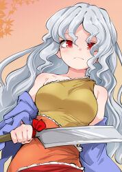 1girl bare_shoulders blue_sleeves breasts closed_mouth commentary dress gradient_background grey_hair highres holding huyusilver leaf long_hair looking_at_viewer nata_(tool) red_eyes sakata_nemuno single-shoulder_dress solo symbol-only_commentary touhou upper_body wavy_hair