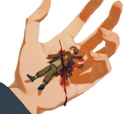 Rule 34 | 1boy, bleeding, blood, brown hair, brown jacket, child, closed eyes, cuts, death, eren yeager, fingernails, from above, gaiyonghuyoudu141, green pants, green shirt, highres, in palm, injury, jacket, long sleeves, mini person, miniboy, out of frame, pants, pov, pov hands, red scarf, scarf, severed torso, shingeki no kyojin, shirt, shoes, short hair, simple background, solo focus, symbolism, white background