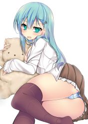 Rule 34 | 10s, 1girl, aqua eyes, aqua hair, ass, bad id, bad pixiv id, blush, breasts, brown thighhighs, fang, hair ornament, hairclip, haruta (806060), hugging doll, hugging object, kantai collection, long hair, lying, on side, open mouth, panties, pantyshot, skirt, solo, striped clothes, striped panties, suzuya (kancolle), thighhighs, underwear, upskirt, white background