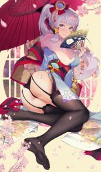 Rule 34 | 1girl, absurdres, ass, ayaka (genshin impact), black panties, black thighhighs, blue hair, cherry blossoms, feet, genshin impact, hair ornament, hand fan, highres, holding, holding fan, huge filesize, japanese clothes, kimono, legs, light blue hair, light smile, long hair, looking at viewer, mole, mole under eye, ninelie, no shoes, panties, thighhighs, thighs, toes, umbrella, underwear