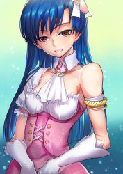 Rule 34 | 1girl, armlet, bare shoulders, blue hair, bow, brown eyes, collarbone, commentary request, detached collar, dress, gloves, gradient background, hair bow, idolmaster, idolmaster (classic), idolmaster platinum stars, jewelry, kisaragi chihaya, long hair, looking at viewer, necktie, parted lips, smile, solo, todee