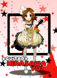Rule 34 | 00s, 1girl, bent over, brown eyes, brown hair, don&#039;t say &quot;lazy&quot;, dress, female focus, fingerless gloves, frills, full body, gloves, guitar, hirasawa yui, instrument, k-on!, pantyhose, saruno banana, short hair, solo, striped clothes, striped pantyhose, vertical-striped clothes, vertical-striped pantyhose