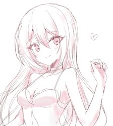 Rule 34 | 1girl, bare arms, bare shoulders, blush, breasts, choker, cleavage, closed mouth, collarbone, dress, fingernails, hair between eyes, hand up, heart, long hair, monochrome, original, simple background, sleeveless, sleeveless dress, small breasts, smile, solo, suzume anko, white background