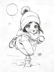 Rule 34 | 1girl, akebi-chan no serafuku, akebi kao, beanie, blush, child, commentary request, greyscale, hat, highres, hiro (dismaless), looking at viewer, monochrome, open mouth, short hair, snowball, solo, standing, teeth, throwing, upper teeth only, winter clothes