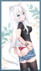 Rule 34 | 1girl, animal ears, artist name, ass, black shirt, black thighhighs, blouse, blue border, blue eyes, blue shorts, blush, border, breasts, cat ears, cat girl, clothes pull, denim, denim shorts, ear piercing, from behind, highres, impossible clothes, impossible shirt, looking at viewer, looking back, medium breasts, nami (nyaa), original, outside border, panties, parted lips, piercing, red panties, shirt, short sleeves, shorts, shorts pull, silver hair, skindentation, solo, tail, thighhighs, underwear, undressing, watch, wristband, wristwatch