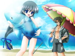 Rule 34 | 1boy, 1girl, :d, artist request, beach, beach umbrella, black eyes, black hair, blue eyes, brown hair, character request, copyright request, day, drawstring, game cg, glasses, grey male swimwear, grey swim trunks, hair over one eye, hair ribbon, hand on own hip, inflatable orca, inflatable toy, long hair, long sleeves, low-tied long hair, male swimwear, ocean, one-piece swimsuit, one eye closed, open clothes, open mouth, open shirt, orca, outdoors, ribbon, school swimsuit, shirt, short hair, smile, swim trunks, swimsuit, umbrella, very long hair, water, wink