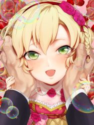 Rule 34 | 10s, 1girl, blonde hair, braid, bubble, flower, green eyes, hair flower, hair ornament, hairband, hands on another&#039;s face, highres, idolmaster, idolmaster cinderella girls, idolmaster cinderella girls starlight stage, looking at viewer, mugentansan, open mouth, pov, rose, sakurai momoka, smile, solo focus