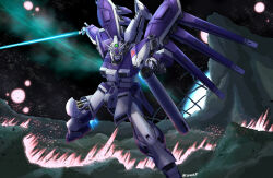 Rule 34 | absurdres, battle, beam saber, char&#039;s counterattack, char&#039;s counterattack - beltorchika&#039;s children, commentary, energy sword, english text, exhaust, explosion, gundam, hi-nu gundam, highres, holding, holding sword, holding weapon, light particles, looking at viewer, mecha, mobile suit, no humans, robot, science fiction, solo, space, sword, twitter username, v-fin, watch san, weapon, yellow eyes