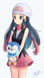 Rule 34 | 1girl, beanie, black hair, black shirt, blush, closed mouth, commentary request, creatures (company), dawn (pokemon), game freak, gen 4 pokemon, grey eyes, hair ornament, hairclip, hat, highres, holding, holding pokemon, long hair, nintendo, pink skirt, piplup, poke ball print, pokemon, pokemon (creature), pokemon dppt, poketch, shirt, signature, simple background, skirt, sleeveless, sleeveless shirt, smile, ukyou (ukyopokemon), watch, white background, white headwear, wristwatch