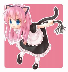 Rule 34 | 10s, 1girl, animal ears, apron, bent over, blue eyes, blush, cat ears, cat tail, highres, long hair, maid, maid apron, open mouth, pantyhose, pink hair, sherlock shellingford, shoes, solo, tail, tantei opera milky holmes, ueno musashi, whip