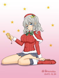 Rule 34 | 1girl, blue eyes, boots, bow, breasts, dated, fur-trimmed boots, fur trim, geru, gradient background, green bow, grey hair, grey skirt, grey socks, hat, kantai collection, kashima (kancolle), large breasts, official alternate costume, one-hour drawing challenge, party popper, pink background, pleated skirt, red footwear, red hat, red sweater, santa hat, sidelocks, sitting, skirt, socks, solo, sweater, twintails, twitter username, wariza, wavy hair