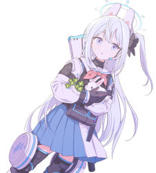 Rule 34 | 1girl, animal ears, black gloves, blue archive, blue skirt, commentary request, dutch angle, earpiece, elbow pads, fake animal ears, gloves, halo, highres, long hair, long sleeves, looking at viewer, miniskirt, miyako (blue archive), nichaku, one side up, purple eyes, rabbit, rabbit ears, skirt, solo, two-tone skirt, white background, white hair
