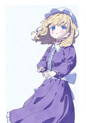 Rule 34 | 1girl, absurdres, blonde hair, blue eyes, center frills, collared dress, dress, feet out of frame, frills, hat, highres, long sleeves, looking at viewer, maribel hearn, medium hair, mob cap, nama udon, parted lips, purple dress, simple background, solo, touhou, white background, white hat