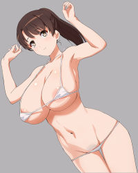 Rule 34 | 1girl, a1 (initial-g), alternate breast size, armpits, arms up, bikini, breasts, brown eyes, brown hair, cleavage, closed mouth, commentary request, dutch angle, grey background, halterneck, high ponytail, highres, katou megumi, large breasts, micro bikini, navel, saenai heroine no sodatekata, smile, stomach, swimsuit, thighs, underboob