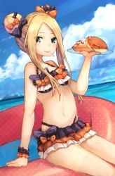 Rule 34 | 1girl, abigail williams (emerald float) (fate), abigail williams (fate), arm support, bikini, black bikini, black bow, blonde hair, blue sky, bow, breasts, cloud, cloudy sky, commentary request, day, double bun, dutch angle, emerald float, fate/grand order, fate (series), food, green eyes, hair bow, hair bun, holding, holding plate, horizon, innertube, long hair, mouth hold, navel, ocean, official alternate costume, orange bow, outdoors, pancake, parted bangs, plate, polka dot, polka dot bow, polka dot innertube, side bun, sidelocks, sitting, sky, small breasts, solo, swim ring, swimsuit, teeth, transparent, utensil in mouth, water, yuuki nao (pixiv10696483)