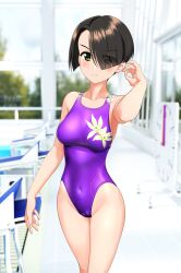 Rule 34 | 1girl, absurdres, black hair, blurry, blurry background, bob cut, breasts, commentary request, competition swimsuit, covered navel, cowboy shot, eyes visible through hair, floral print, girls und panzer, green eyes, hair over one eye, highres, inverted bob, medium breasts, multicolored clothes, multicolored swimsuit, one-piece swimsuit, outdoors, poolside, purple one-piece swimsuit, short hair, solo, starting block, swimsuit, takafumi, vanilla (girls und panzer), variant set