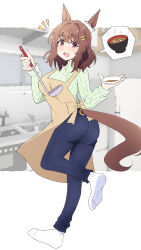 Rule 34 | 1girl, animal ears, blue pants, bowl, breasts, brown hair, clothing cutout, denim, ear ornament, foot up, full body, hair ornament, hairclip, highres, holding, holding bowl, holding ladle, horse ears, horse girl, horse tail, jeans, kitchen, ladle, light hello (umamusume), looking at viewer, medium breasts, miso soup, nel-c, open mouth, pants, red eyes, short hair, smile, socks, solo, spoken food, standing, standing on one leg, tail, tail through clothes, umamusume, white socks