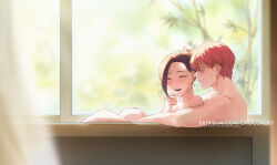 Rule 34 | 1boy, 1girl, bathtub, black hair, blurry, blurry background, blurry foreground, boku no hero academia, burn scar, chocorut, commentary, completely nude, english commentary, hair pulled back, hand up, highres, indoors, laughing, lying, mixed-sex bathing, nude, patreon username, ponytail, red hair, scar, scar on face, shared bathing, smile, teeth, todoroki shouto, upper teeth only, yaoyorozu momo