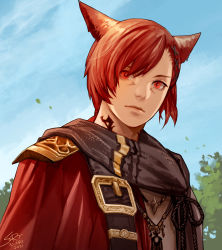 Rule 34 | 1boy, animal ears, armor, belt, blaze run77, braid, cat boy, cat ears, chest belt, commentary, dated, facial tattoo, final fantasy, final fantasy xiv, g&#039;raha tia, hair ornament, jewelry, leaf, looking at viewer, male focus, miqo&#039;te, neck tattoo, necklace, red eyes, red hair, red robe, robe, sash, short hair, shoulder armor, signature, sky, slit pupils, solo, symbol-only commentary, tassel, tattoo, upper body, x hair ornament