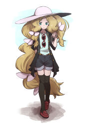 Rule 34 | 1girl, alternate costume, belt, blonde hair, brown footwear, buttons, caitlin (pokemon), closed mouth, coat, commentary request, creatures (company), eyelashes, eyewear hang, full body, game freak, green eyes, hair ribbon, hand up, hat, highres, kotobukkii (yt lvlv), long hair, looking at viewer, multi-tied hair, nintendo, open clothes, open coat, parted bangs, pokemon, pokemon bw, ribbon, shirt, shoes, shorts, solo, standing, sun hat, sunglasses, thighhighs, unworn eyewear, very long hair