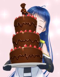 Rule 34 | 10s, ^ ^, blue hair, cake, chocolate cake, closed eyes, elbow gloves, food, fruit, gloves, gradient hair, highres, kantai collection, long hair, multicolored hair, sailor collar, samidare (kancolle), shirt, simple background, sleeveless, sleeveless shirt, smile, solo, strawberry, swept bangs, valentine, very long hair, watage (wata)