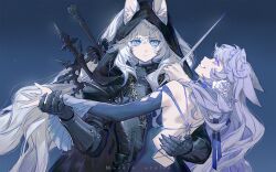Rule 34 | 2girls, animal ears, armor, backless dress, backless outfit, bare back, bare shoulders, breastplate, character request, copyright request, dagger, dress, grey hair, highres, holding, holding dagger, holding knife, holding weapon, hood, knife, long hair, multiple girls, purple eyes, sword, upper body, vambraces, weapon, weapon on back, yuji (fantasia)
