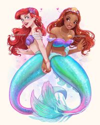 Rule 34 | 2girls, ariel (disney), bubble, dark-skinned female, dark skin, dreadlocks, fins, fish tail, flower, green tail, hair flower, hair ornament, highres, holding hands, jewelry, long hair, luztapiaart, mermaid, monster girl, multiple girls, necklace, open mouth, red hair, shell, shell necklace, smile, tail, the little mermaid, the little mermaid (2023), twitter username