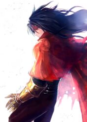 Rule 34 | 1boy, black hair, black pants, clawed gauntlets, cloak, closed mouth, commentary, cowboy shot, final fantasy, final fantasy vii, floating hair, from side, hair between eyes, headband, high collar, highres, komugiko no mori, long hair, male focus, pants, red cloak, red eyes, red headband, simple background, solo, torn clothes, twitter username, vincent valentine