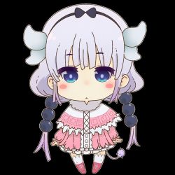 Rule 34 | 10s, 1girl, :&lt;, black background, blue eyes, blush stickers, capelet, chibi, dragon girl, dragon horns, dragon tail, ganbear (gansan10582), hair bobbles, hair ornament, hairband, horns, kanna kamui, kobayashi-san chi no maidragon, looking at viewer, low twintails, mary janes, purple eyes, shoes, simple background, solo, tail, thighhighs, twintails, white thighhighs, zettai ryouiki